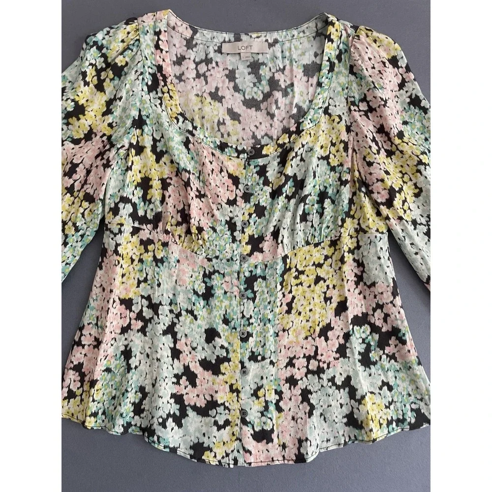 Loft Women S Top Garden‎ Floral Long Puff Sleeve Pesant Empire Cottage Blouse